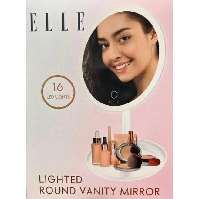 Package for an Elle lighted round vanity mirror with a woman's face reflected in the mirror and makeup products on a tray below.
